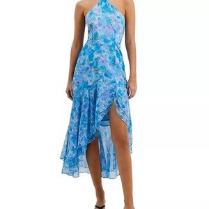 French Connection Greta Asymetrical High-Low Blue Floral Halter Dress NWOT Sz 6